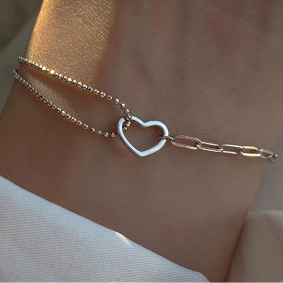 Sterling Silver Minimalist Heart Bracelet, Irregular, Geometric, Dainty,… - Picture 2 of 7